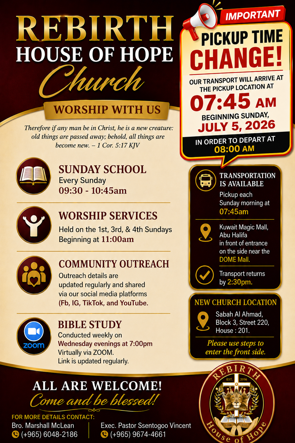 Updated Weekly Schedule for REBIRTH House of Hope Church Services